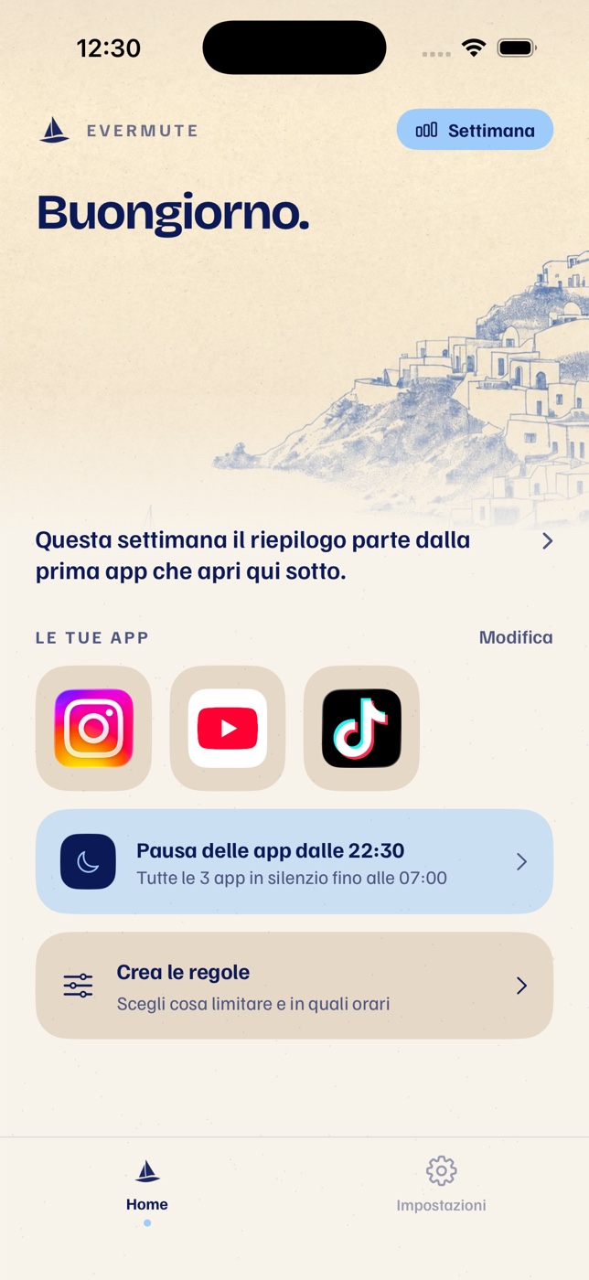Schermata Home reale di EverMute con Instagram, YouTube e TikTok