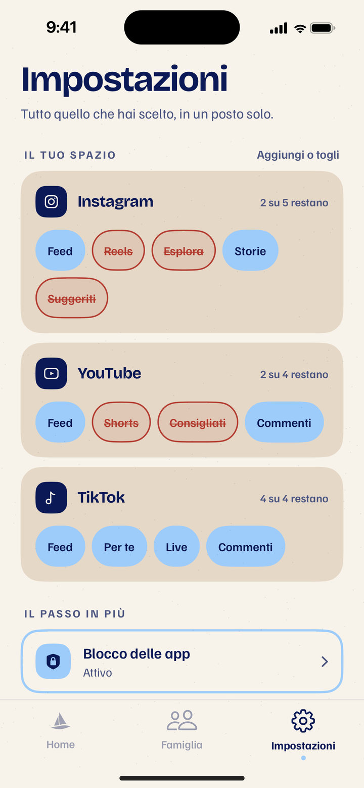 Le impostazioni di EverMute. Instagram: restano Feed e Storie, sono tolti Reels, Esplora e Suggeriti. YouTube: restano Feed e Commenti, sono tolti Shorts e Consigliati.